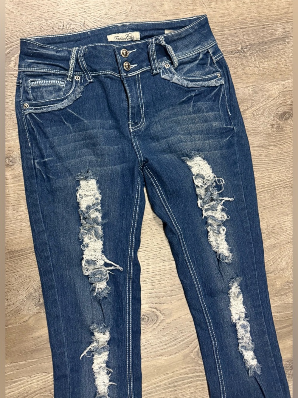 Fashion 2 Love Distressed Skinny Jeans | Blue Destroyed Denim | Size 7 - Picture 4 of 8